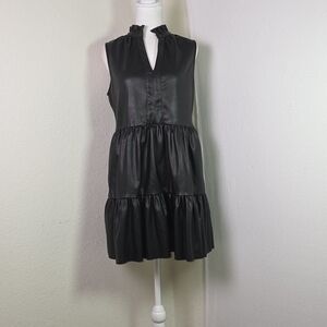 Fate Black Faux Leather Tiered Mini  M Sleeveless Ruffle Collar Edgy Party Dress